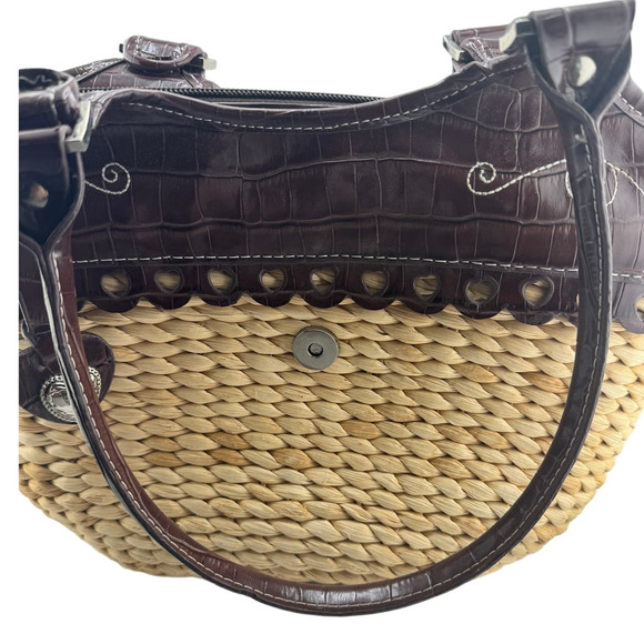 Straw Tote Handbag‎ Heart Accents Silver Buckle - Picture 4 of 14